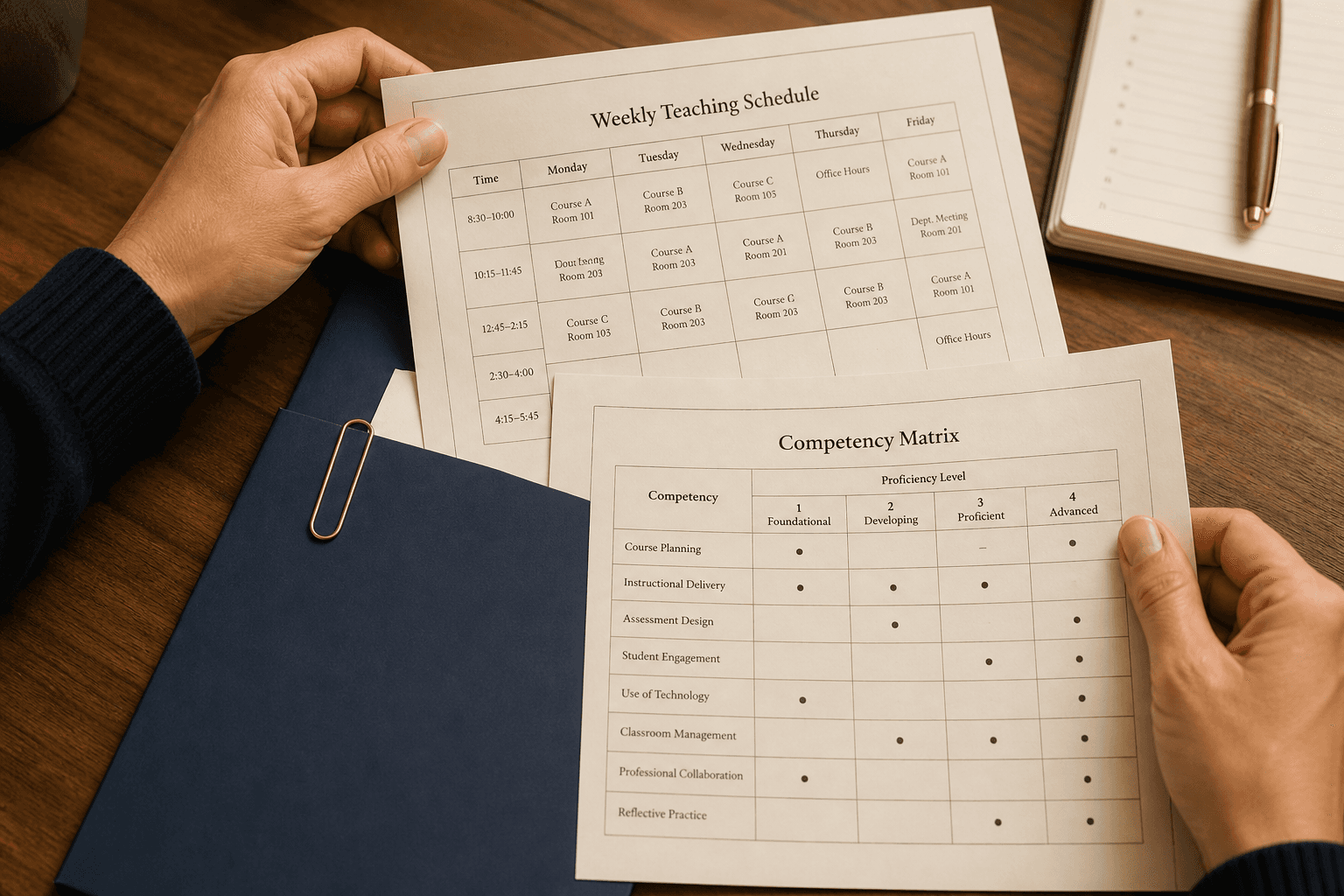 Gedruckter Lehrplan und Kompetenzmatrix auf dem Arbeitstisch